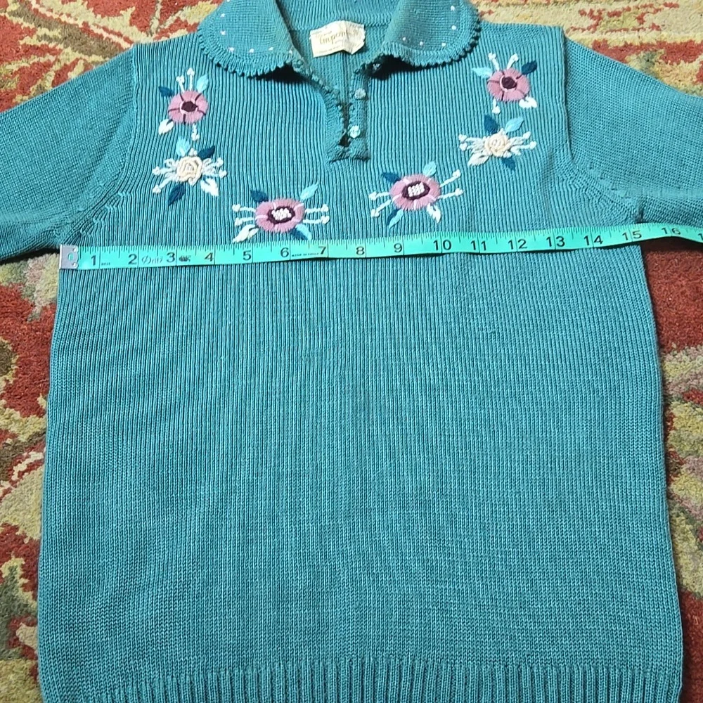 Vintage Fashion Import Floral Embroidered Teal Sweater